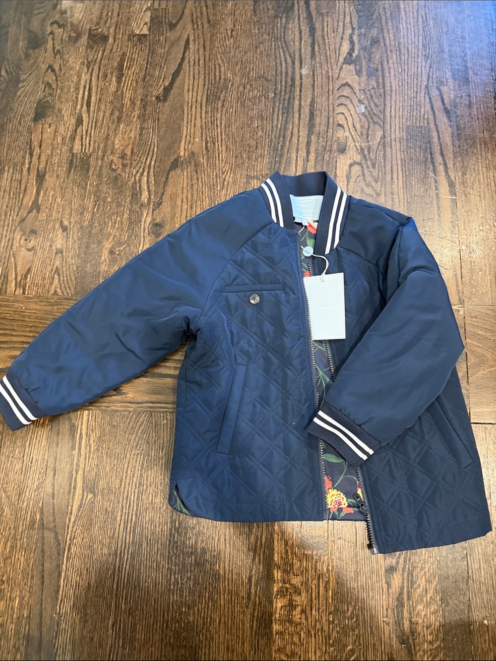 Kids Hill House Navy Quilted Bomber Jacket with Stripe Trim